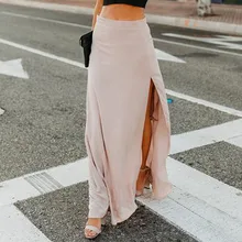 Женская сексуальная шифоновая однотонная Цветочная винтажная длинная юбка с разрезом сбоку Faldas Mujer Moda, юбки макси в Корейском стиле на каждый день