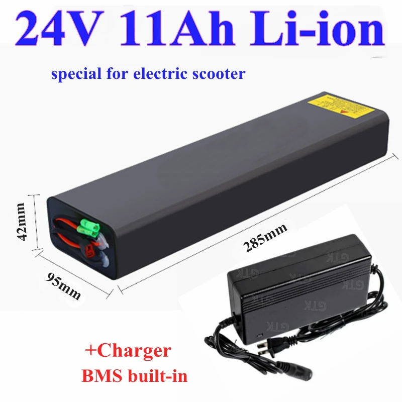 

Long Strip waterproof 24V 11Ah 10Ah lithium ion 18650 li-ion battery pack with bms 7S for Electric scooter ebike+2A Charger