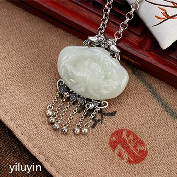 

KJJEAXCMY Fine jewelry S990 pure silver peacock peacock hollowed mosaic jade blue sand stone Hong Kong Jade Pendant