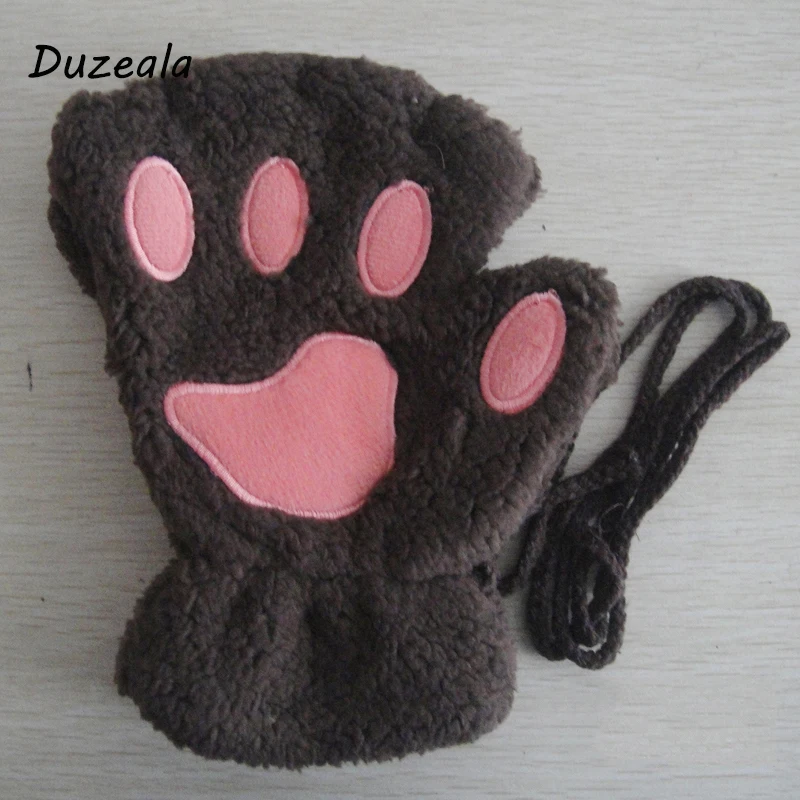 Duzeala 1 пара для женщин и девочек прекрасная зимняя теплая перчатки без пальцев пушистый медведь кошка плюшевая лапа коготь Половина пальцев перчатки варежки