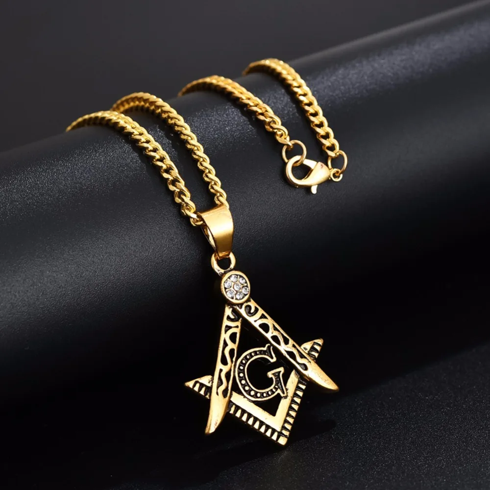 

Gold Stainless Steel Masonic Symbol Freemason Free-mason Stainless Steel Fashion Jewelry Men's 20-27" Curb CHAIN necklace