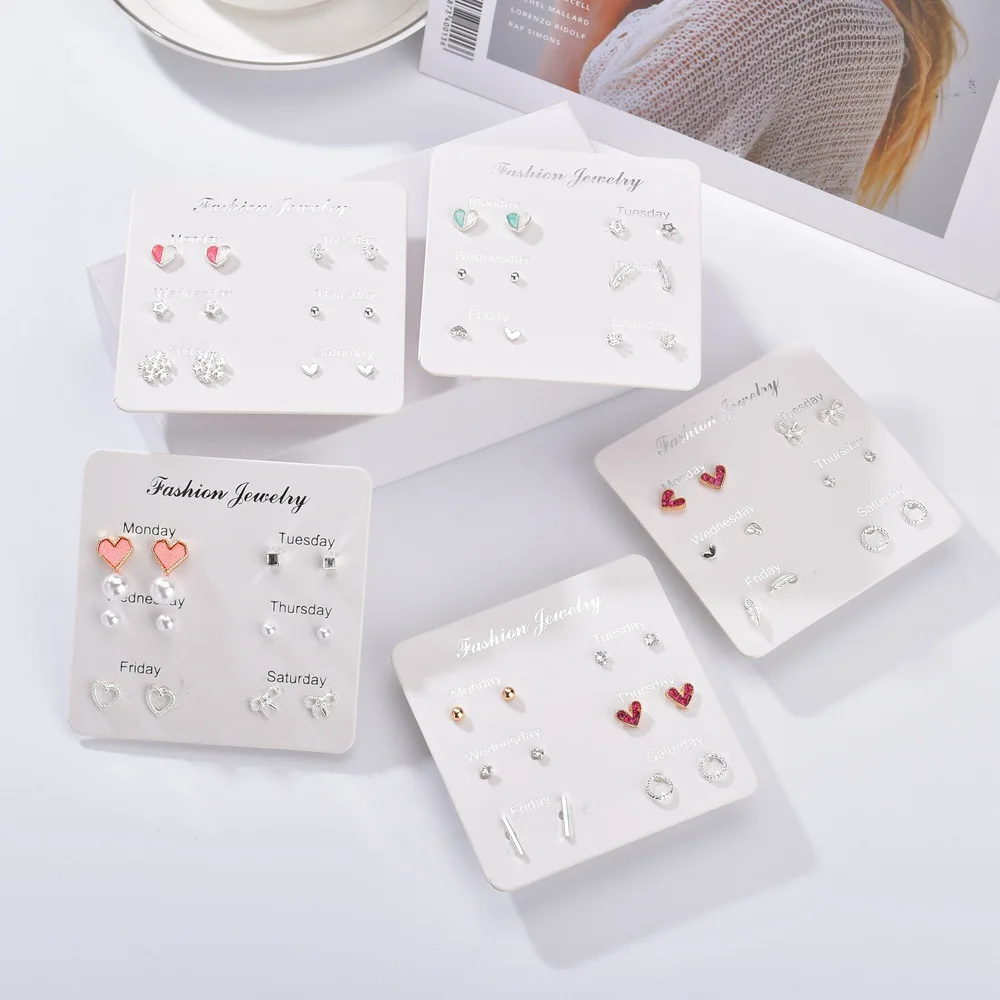 

SexeMara One Week Earring Set Fashion Simple Crystal Heart Stud Earrings For Women 6 Pairs/set Mini Brincos Valentine's Day Gift