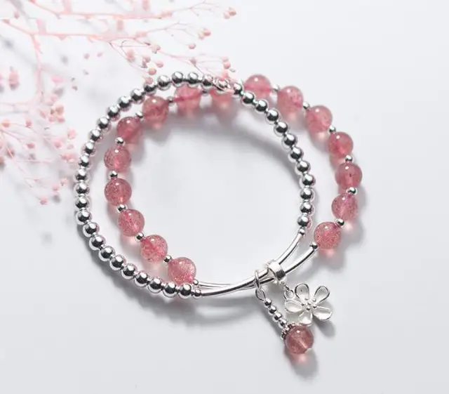 100% Authentic Real. 925 Sterling Silver Jewelry Double rows Natural Rose Starwberry Quartz Stone &beads flower Bracelet GTLS745