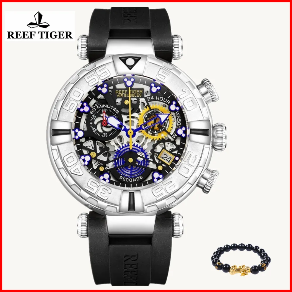 

Reef Tiger/RT mens watches brand luxury 2019 New Design Skeleton Sport Watches Mickey Mouse Markers Steel Watch RGA3059+gift
