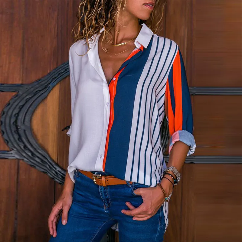 

Plus Size Women Chiffon Shirts Blouse Striped Contrast Color Block Button Down Turn Down Collar Long Sleeves Ladies Office Tops