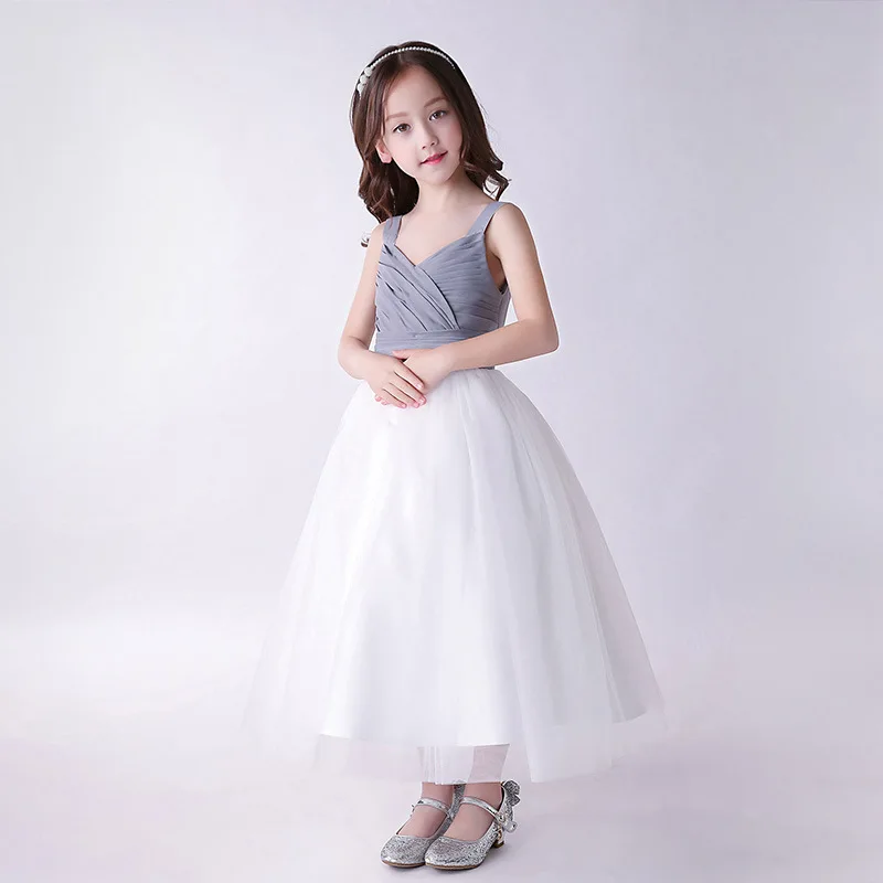Cinza e Branco de Tule Festa de Formatura Vestido de Baile Elegante Estilo Flor Meninas Vestidos Crianças Suspender Casamento Roupas 9 de Formatura vestido de Baile Crianças Roupas