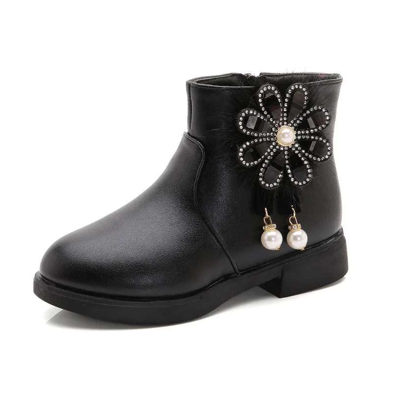 Autumn Winter Children's leather boots For Baby Girls Leisure short boot Flowers Warm plush Martin boots for children