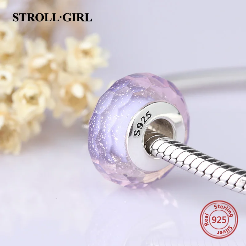 StrollGirl сверкающие муранские стеклянные бусины фиолетовые 925 серебряные подвески