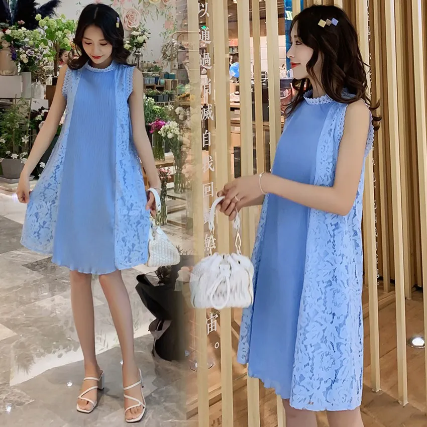 

Maternity dress new summer dress lace stitching chiffon sleeveless dress Korean fashion pregnancy dress