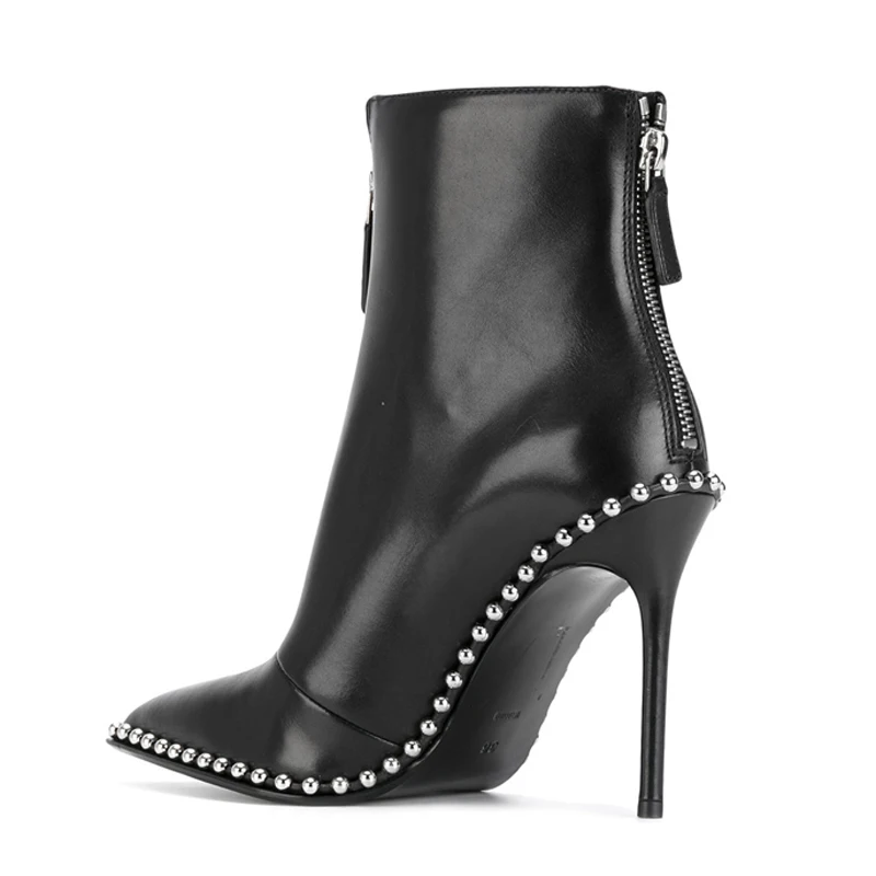 Baimier/черные кожаные ботильоны для женщин; женские ботинки с серебряными заклепками; ботинки на высоком каблуке на молнии; коллекция года; Роскошная Брендовая женская обувь