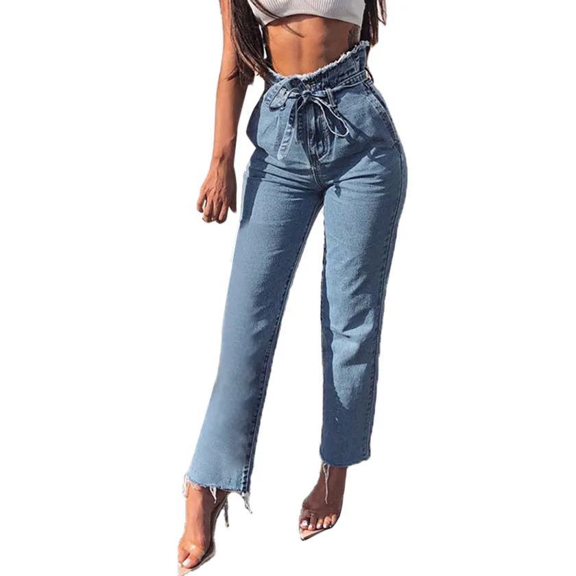 

Women Hight Waisted Loose Bow Bandage Hole Denim Jeans Stretch Pants Button Fly Ankle-Length Pants Jean #0225