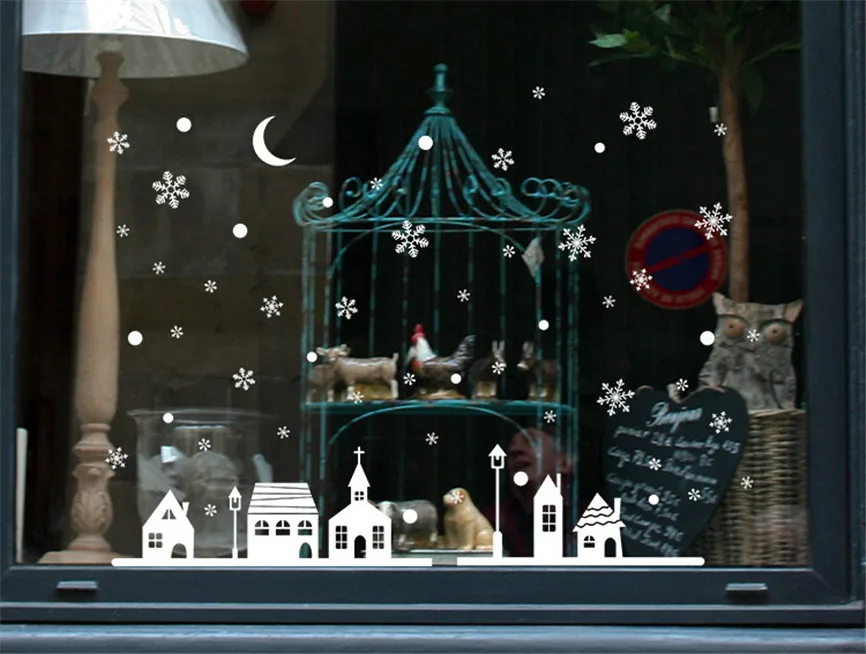 

Wallpaper New Year Window Glass Christmas Santa Claus Snow Decoration Snowflakes Town Wall Stickers For Xmas Home Decal Nov#2