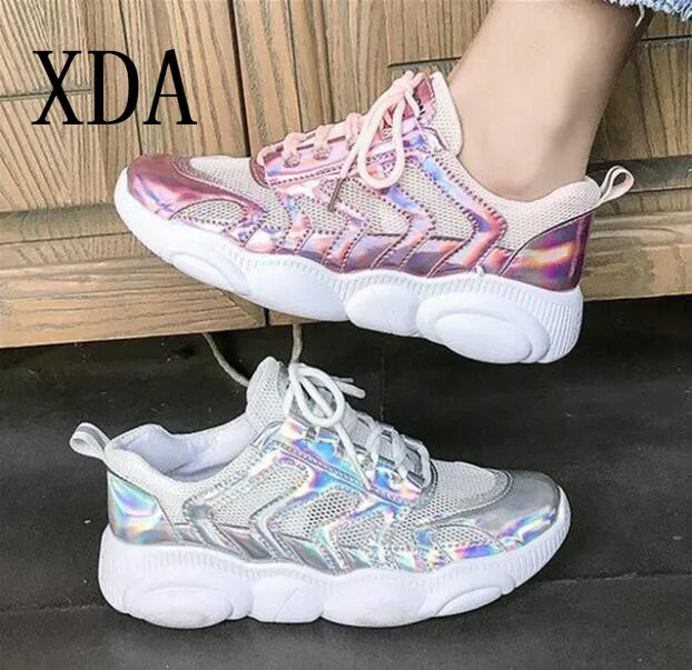 

XDA Spring autumn Laser Dazzle Colour Women Shoes Lace Up flats Students fashion breathable Casual sequins sneaker shoes D226