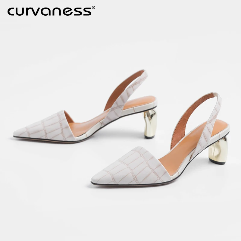 

Curvaness Summer Women's Shoes Sandals Thick Bottom With High Heels 5cm 2019 New Leather Pointed Fashion Office Shoes