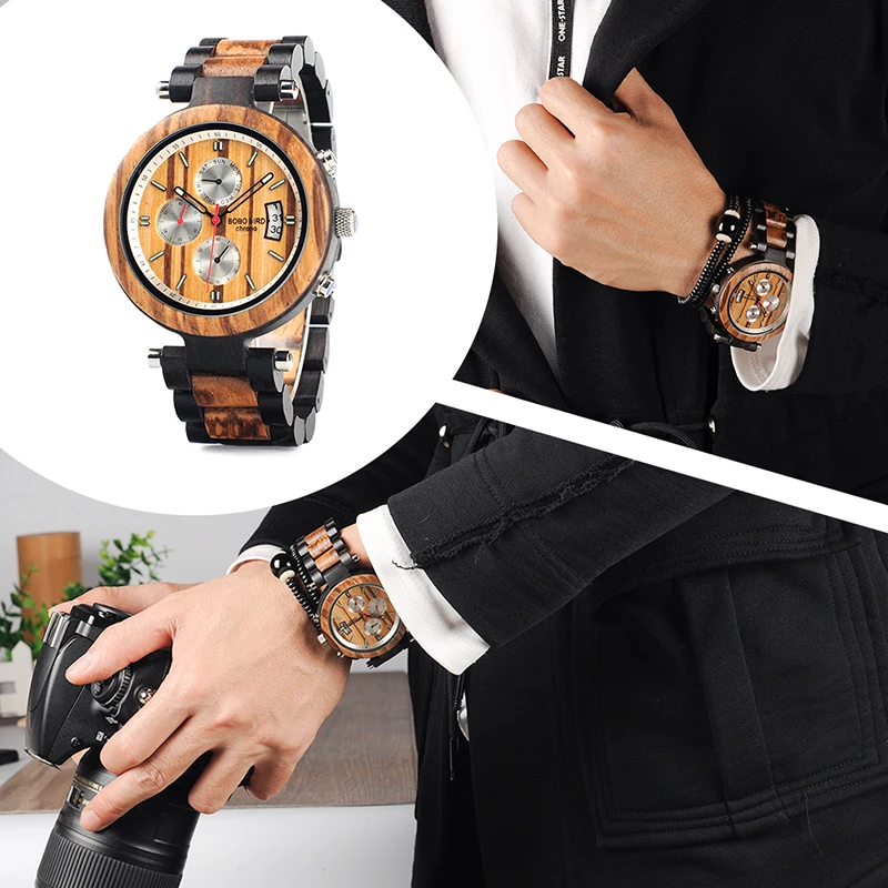 BOBO BIRD P17 Wooden Mens Watches Bearing Design Date Display Wristwatch for Male