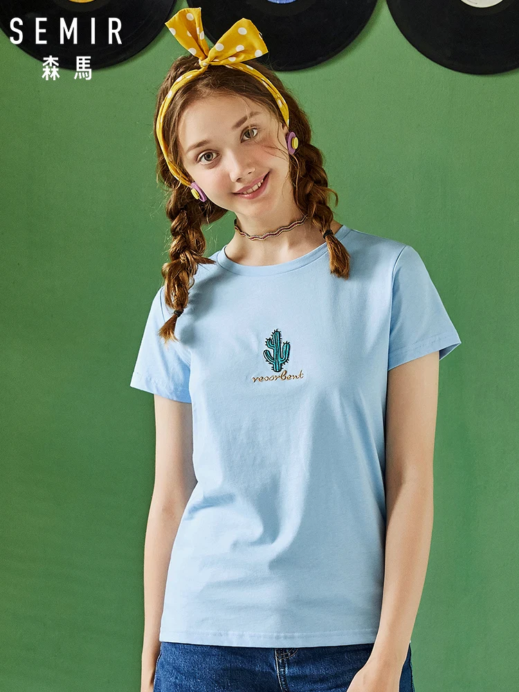 SEMIR Женская вышитая Футболка женская футболка с коротким рукавом футболки модные стильные футболки с ребристым круглым вырезом длинная