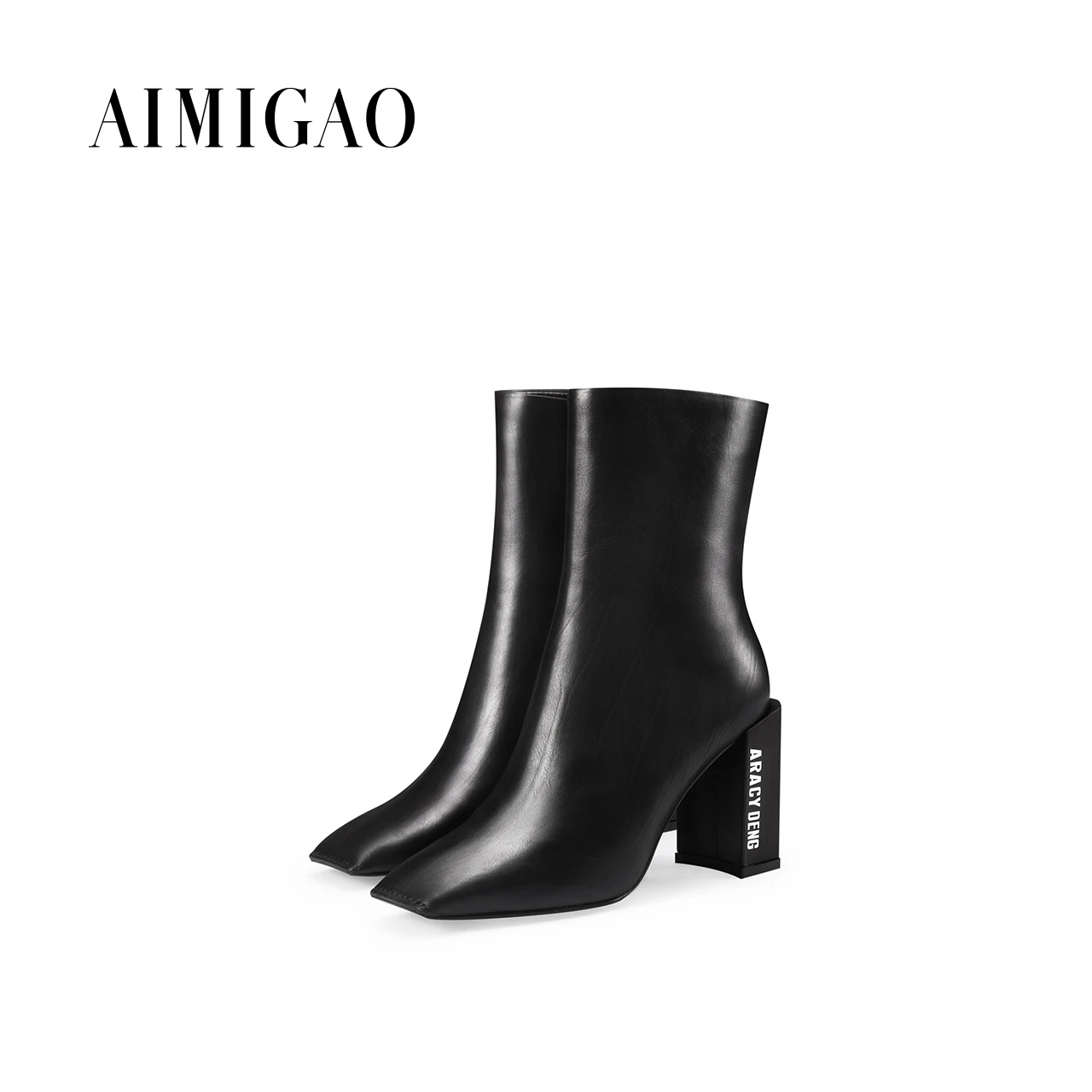 AIMIGAO cowhide leather high heels ankle boots for women square toe side zipper Fashion 2017 autumn winter new | Обувь