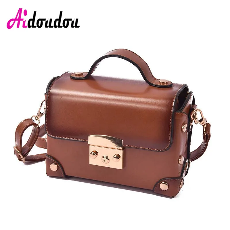 

Women Famous Brand Box Handbag Fashion Trunk Luxury Pu Leather Bag Small Mini Vintage Retro Design Oil Skin Lock Tote Brown Bags