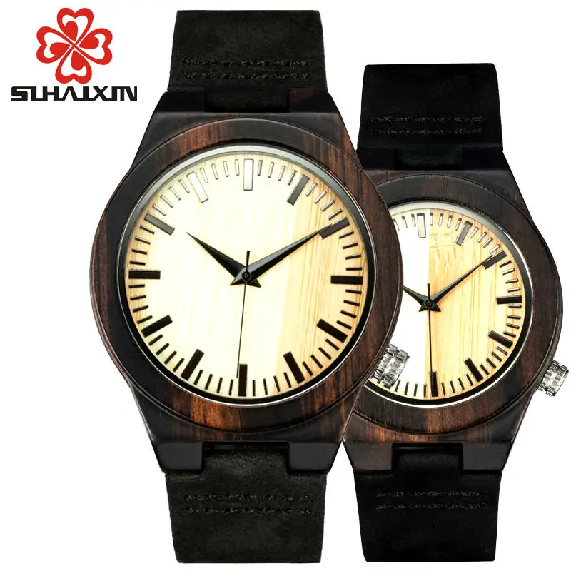 

SIHAIXIN Couple Wooden Watches Black Leather Watch Woman Bamboo Vintage Clock Man2017 Luxury Brands Lady Wrist As Lovers Wood De