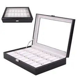 Новый 24 Сетки Прозрачное стекло черный PU кожаный ящик для часов ювелирные изделия Организатор хранения данных классические часы дисплей