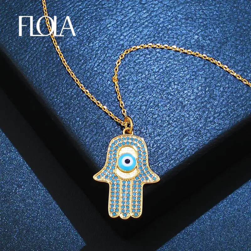 

FLOLA Turkish Hamsa Hand Pendant Necklace for Woman CZ Hand of Fatima Jewelry Man Necklace Long Chain 925 Silver Necklace nken90