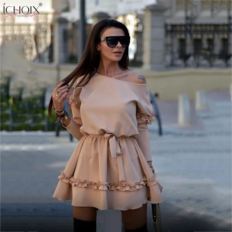 

ICHOIX 2019 Summer Sexy Mini Dress Off Shoulder A-Line Ruffles Wrap Dress Elegant Women Slash Neck Club Party Dresses Streetwear