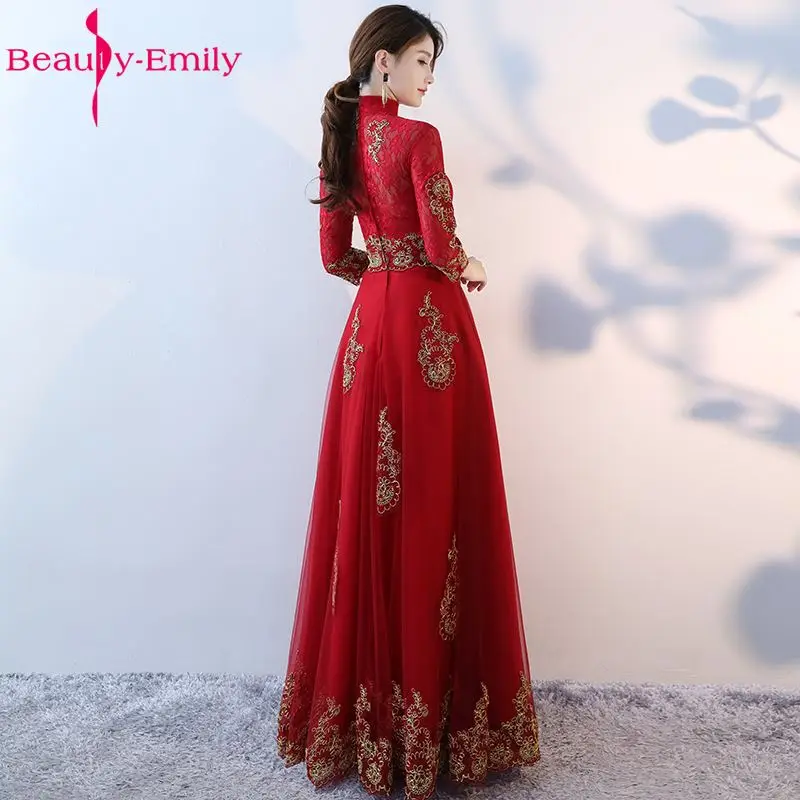Beauty-Emily Elegant Wine Red A-Line Evening Dresses 2019 Prom Dresses High Neck Floor Length  Three Quarter Formal Occasion 