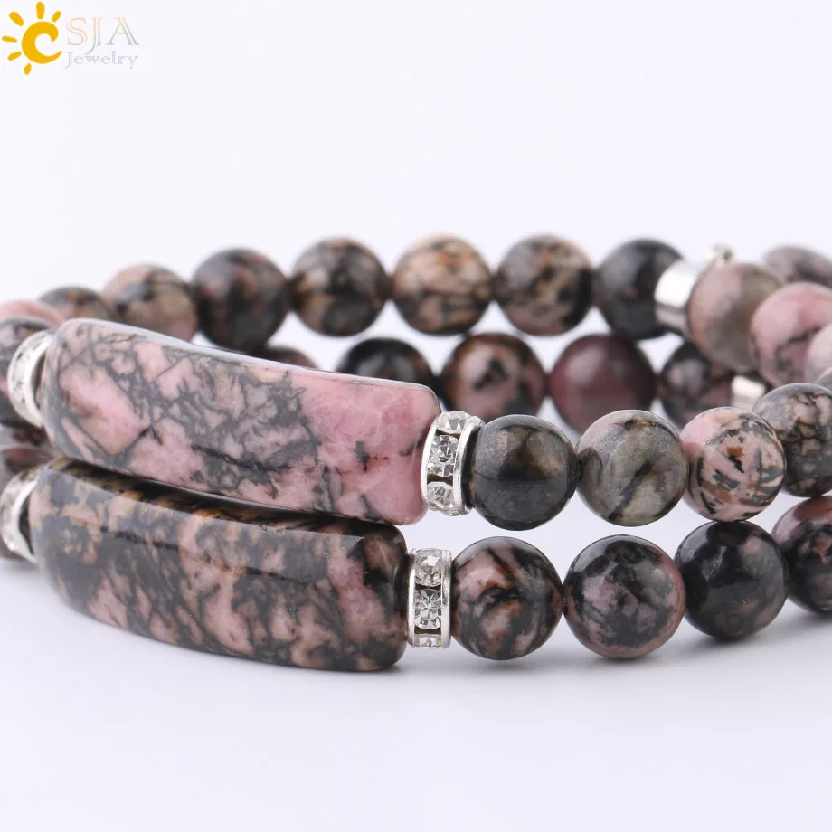 CSJA Natural Stone kryształowa bransoletka linia Rhodonite Love Heart Healing zroszony koraliki bransoletki kamienie szlachetne dla kobiet biżuteria F104