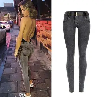 

Elastic Fitness Slim Pants Women Sport Trousers Low Waist Denim Pants Sports Wear For Women Gray Stretch Skinny Trouser D139