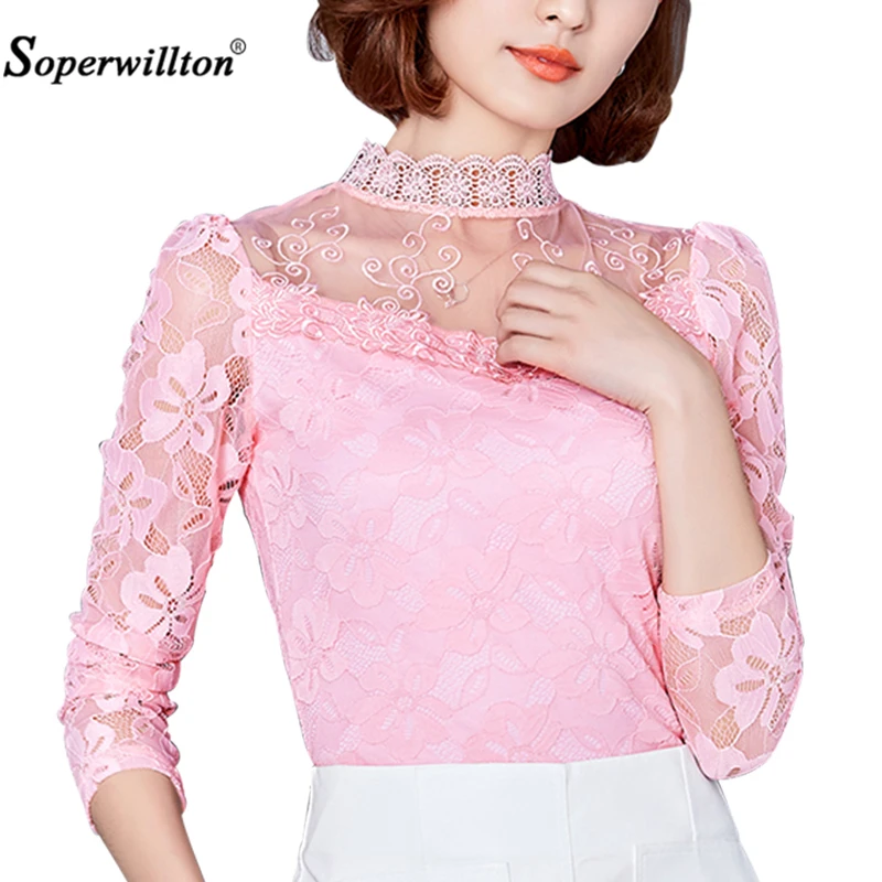 Женская блузка с длинным рукавом кружевом|women blusas|blusas fashionblusas plus |