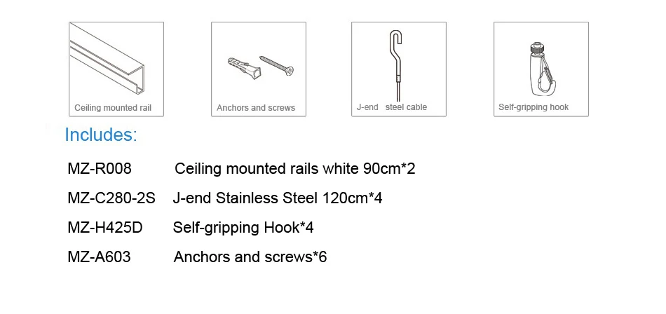 Подвесная система изображения, рельсовые крючки, кабель из нержавеющей стали, крюк, кабель j-конец 120 см, 2 комплекта потолочных рельсов