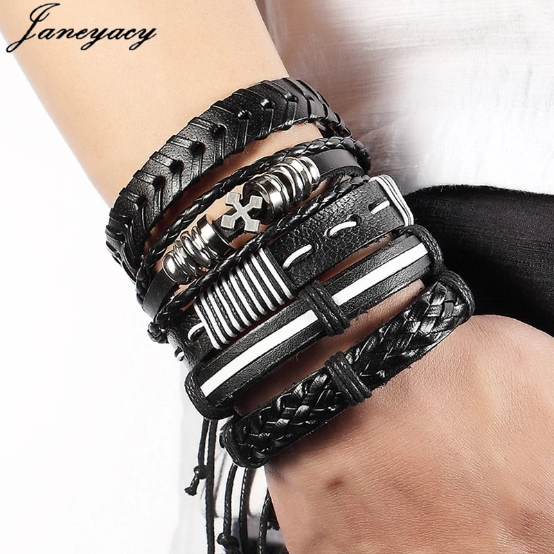 

HOT 5 pcs/1set High Quality Leather Bracelet Men's Multilayer Punk Ms. Bangle & Bracelet Men's Jewelry Brand Bracelet Pulseras