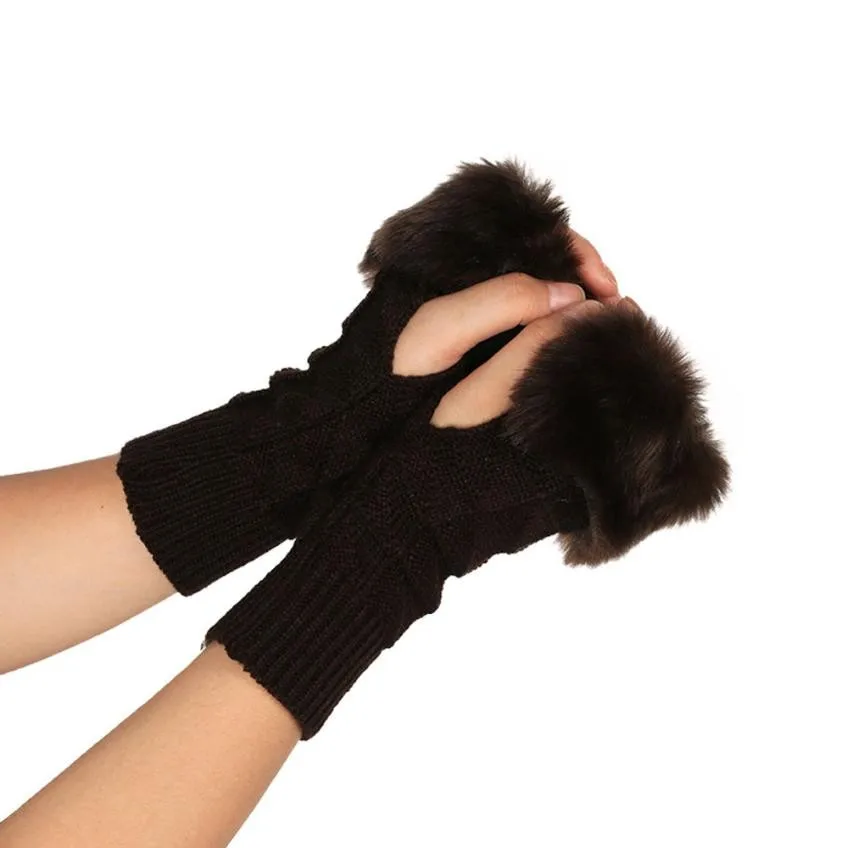 Искусственного меха зимние вязаные перчатки без пальцев Для женщин женские Наручные Теплые перчатки великолепный Рождественский подарок