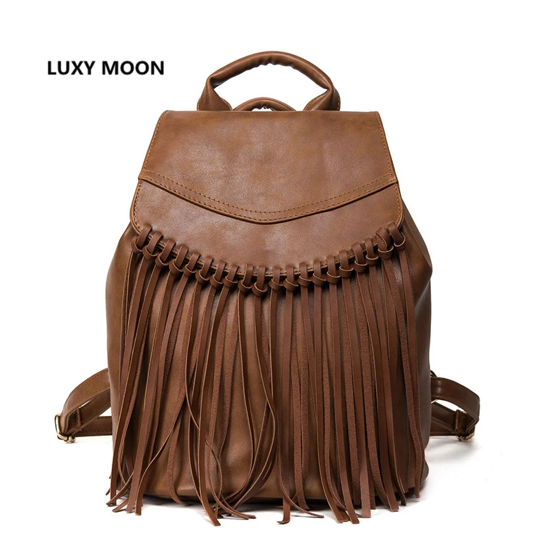 Long Tassel Backpack for Teenage Girls Vintage PU Leather Backpacks Causal School Bag Fashion Designer Women