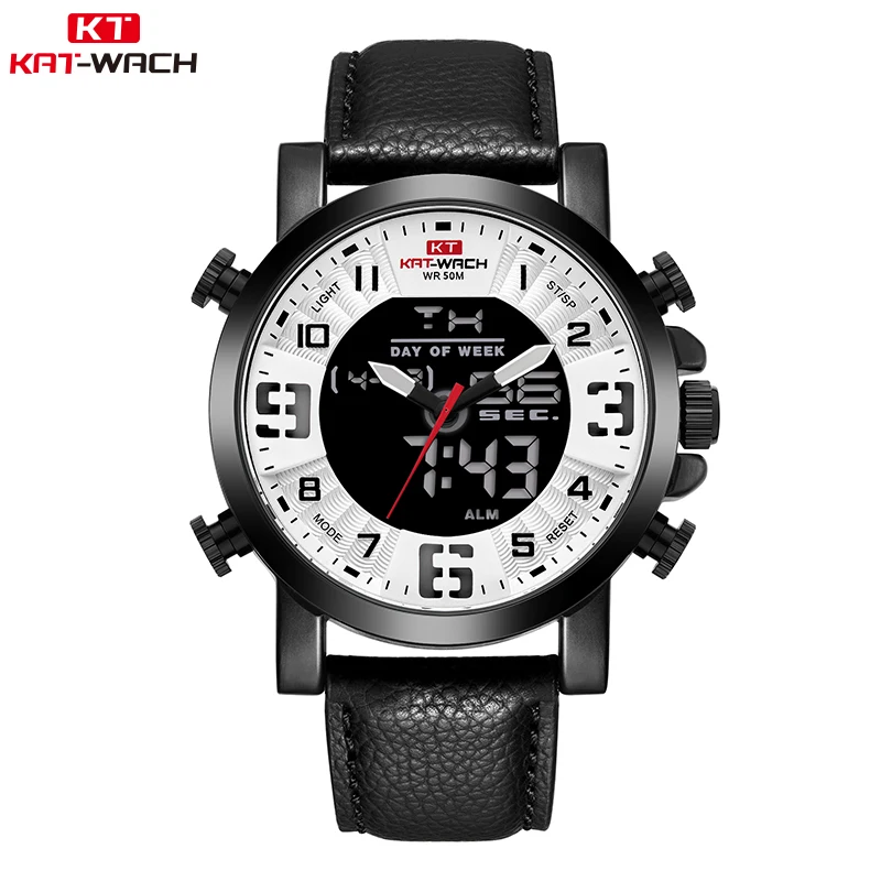 

KAT-WACH Mens Dual Watches Brand Men Leather Sports Watches Men's Quartz LED Digital Clock Waterproof Military Wrist Watch