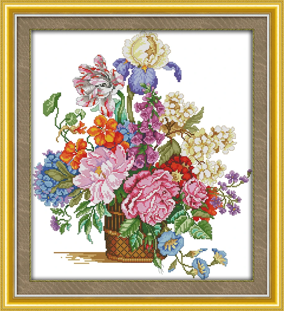 Beautiful Flowers Basket Rose Peony Painting Counted Cross Stitch Kits 14CT 11CT DMC Cross