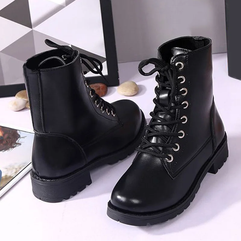 TINO KINO/женские осенние ботильоны на платформе; женская модная черная мотоциклетная Обувь На Шнуровке; женская обувь на толстом среднем каблуке; большие размеры