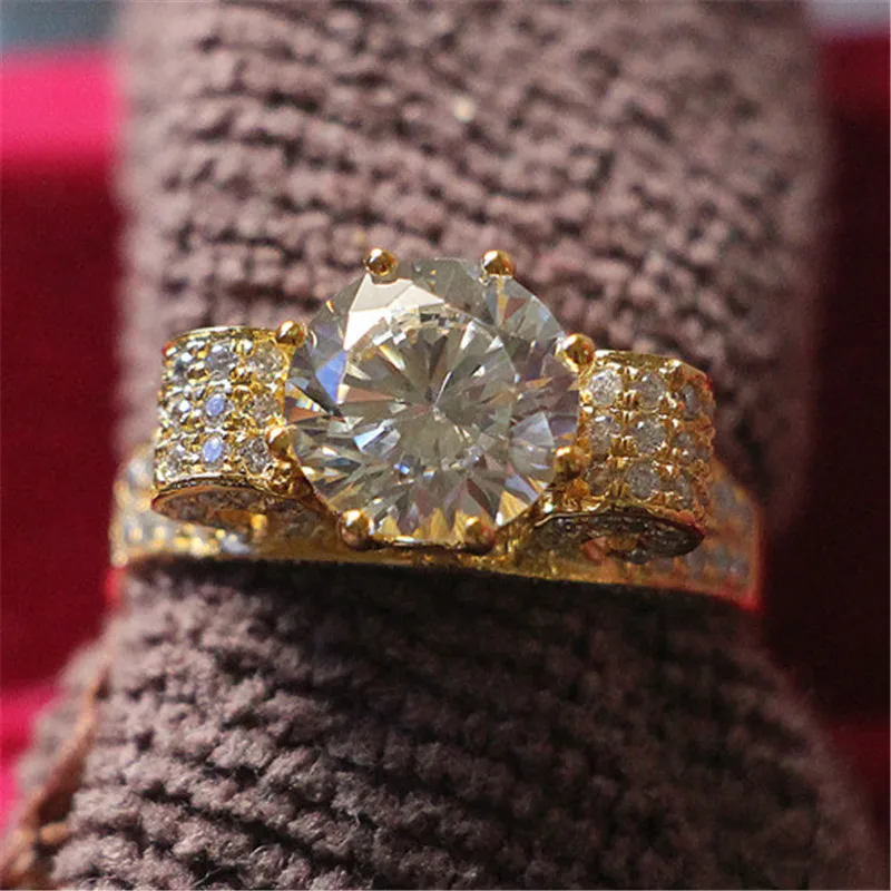 Топ класса люкс, твердое кольцо из желтого золота 14 карат, 3 карата, блестящие синтетические бриллианты, Женское Обручальное кольцо, лучшее предложение, изысканное свадебное кольцо