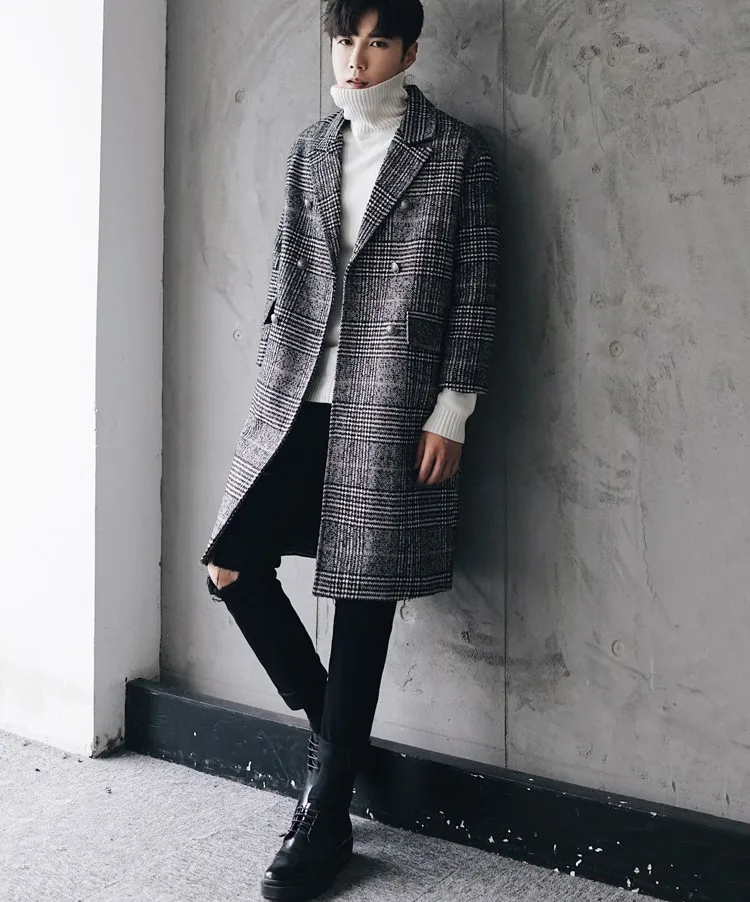 New Winter Double-breasted Plaid Wool Coat Men Loose Blends Windbreaker Fashion Vintage Tartan Long Men's Outerwear DS50825