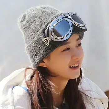 

Real Rabbit Fur Knitted Cap Double-use Thickened Winter Knitted Hat Warm Beanies Skullies Ski Cap With Glasses For Men Women