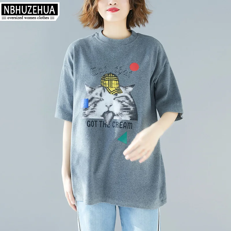 NBHUZEHUA Plus Size Summer T Shirts For Women Kawaii Cat Print Cute Tops O Neck Cotton Casual Shirt XL XXL XXXL 19-D192 | Женская одежда