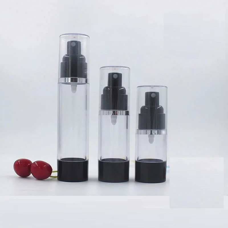 

Empty Spray Pump Airless Bottle Plastic Transparent Makeup 15ML 30ML 50ML Packaging Portable Airless Pump Bottle with Clear Lid