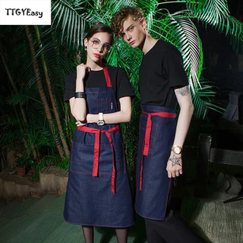 

Simple Fashion Short Antifouling Denim Kitchen Aprons Unisex for Woman Men with pocket Kitchen Chef Waiter Cooking restaurant