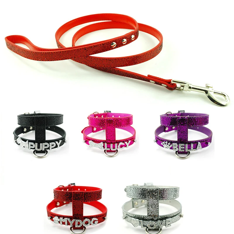 

Bling Leather Free Customed Letters and Charms Dog Pet Harness and Matched Leashes Set