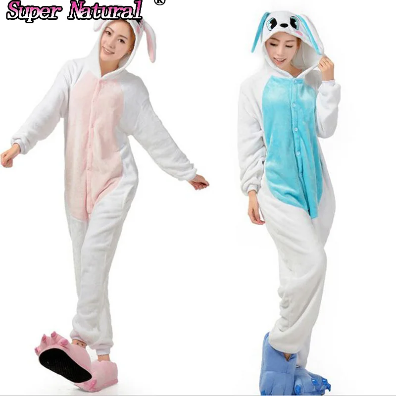 

HKSNG Winter Warm Adult Cartoon Animal Pink Blue Rabbit Pajamas Kiguruma Onesie Cosplay Homewear For Christmas