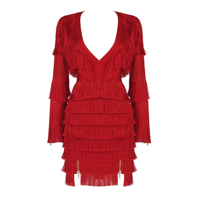 Высокое качество Красный Черный Белый v-образным вырезом облегающее платье с кисточками вечернее элегантное платье - Цвет: Красный