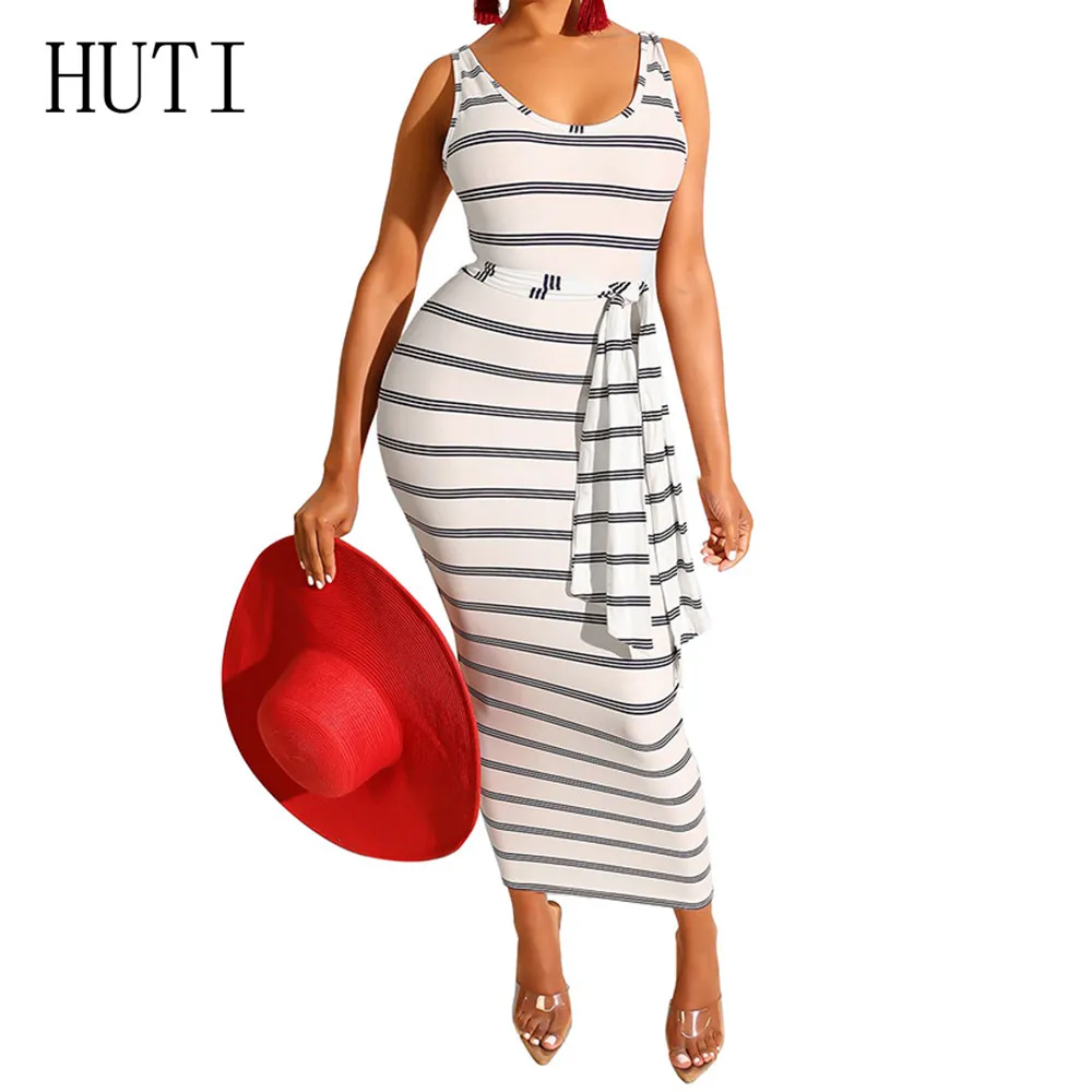

HUTI New Women Summer Sexy Striped Slim Dress Sleeveless Hollow Out Casual Bandage Bodycon Night Party Maxi Dress Robe Longue