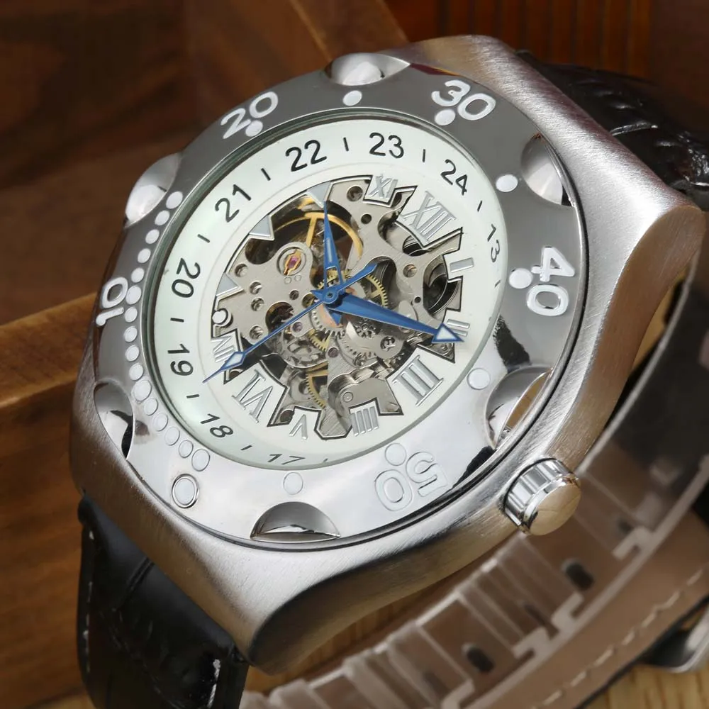 

GOER Fashion Brand Watches PU Leather Skeleton Automatic Mechanical Wrist Watches For Men Sports Men Watches relogio masculino