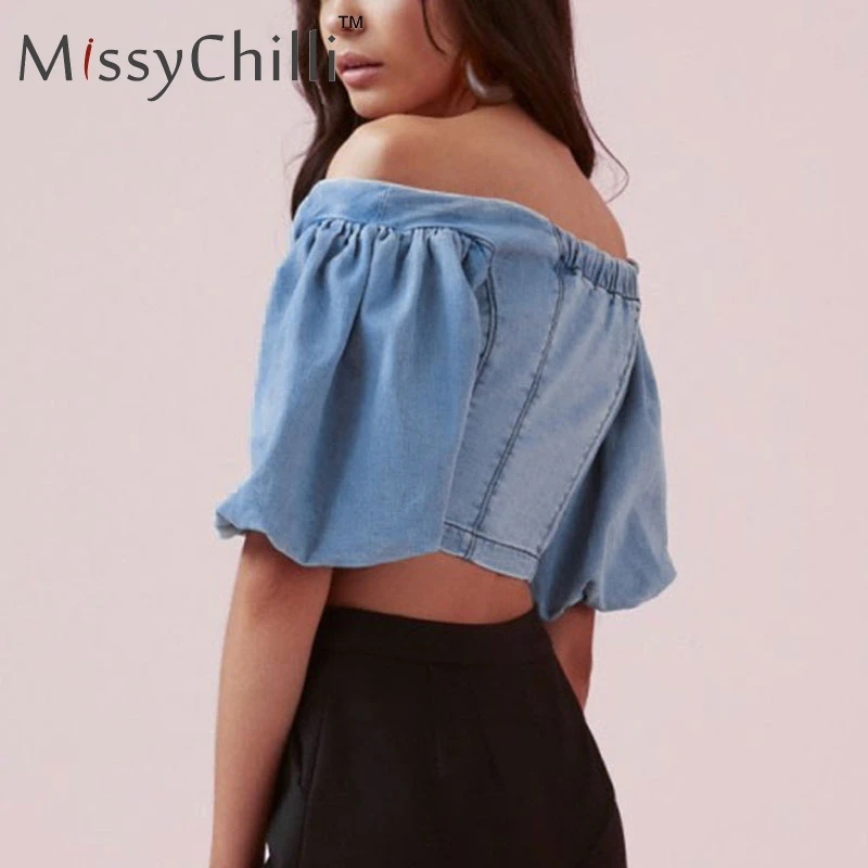 MissyChilli, сексуальный Летний джинсовый клубный кроп-топ, женский короткий топ с рукавом-фонариком, Женская майка, эластичная элегантная джинсовая майка