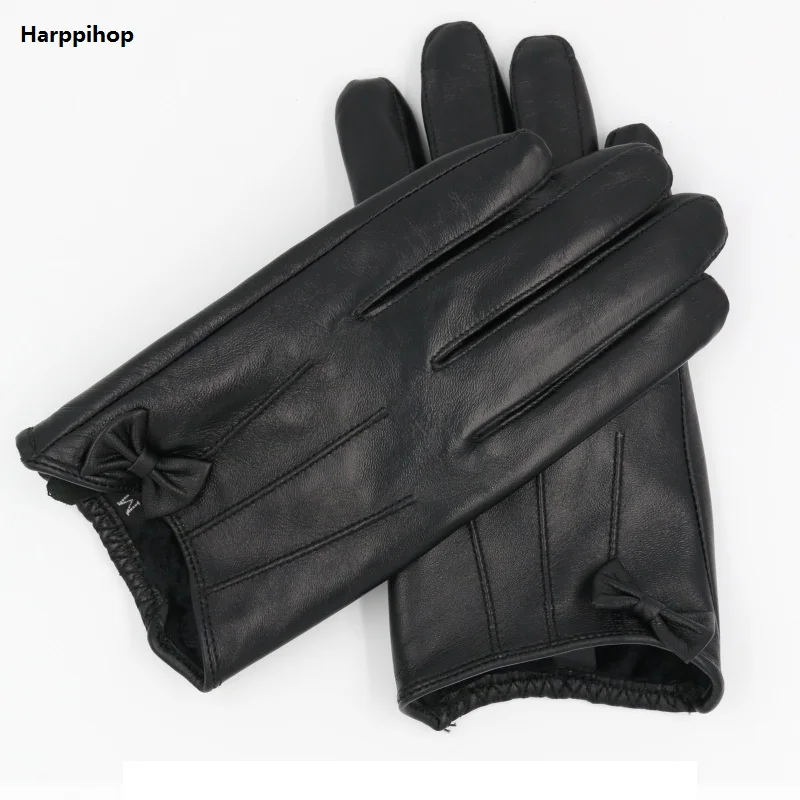 Harppihop зима Пояса из натуральной кожи Прихватки для мангала Для женщин короткие красные, черные зеленые женские перчатки Новый бренд бантом